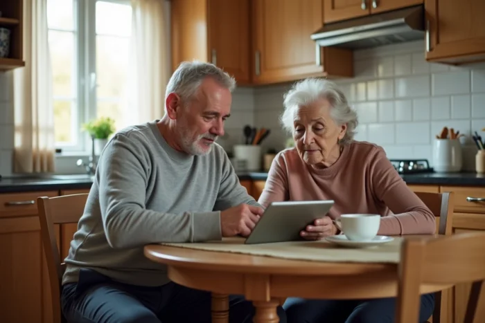 Accompagnant familial aidant une personne âgée protégée à naviguer sur une plateforme numérique de gestion de tutelle