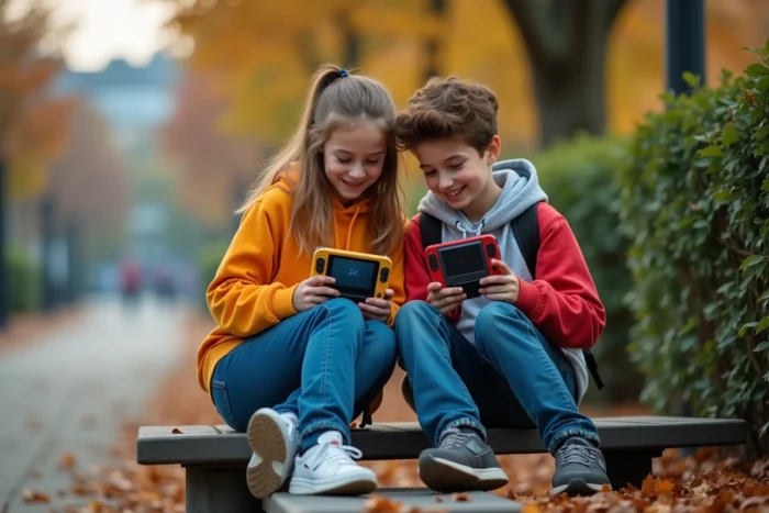 Deux adolescents assis sur un banc de parc comparant leurs écrans de jeu Pokémon montrant des Pokémon commençant par A en automne