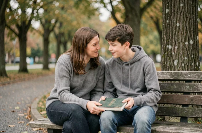 Une adulte bienveillante échange avec un adolescent dans un parc, illustrant l'accompagnement émotionnel à l'adolescence