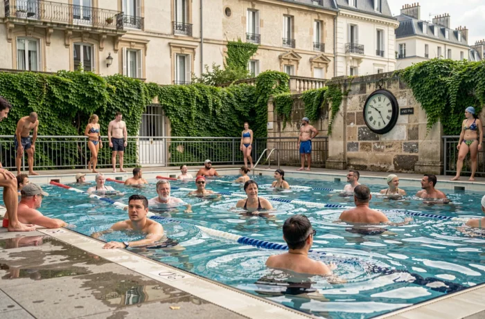 Affluence en milieu d'après-midi dans les couloirs de nage de la piscine de la Butte aux Cailles avec horloge murale visible