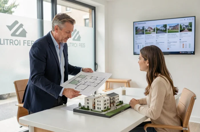 Agent immobilier présentant des plans d'appartements neufs à une cliente dans une agence à Quimper