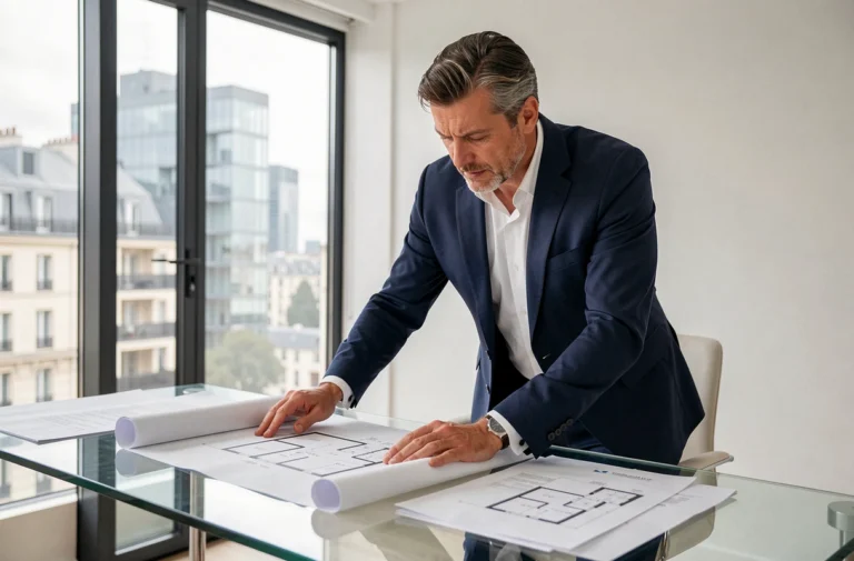 Agent immobilier consultant des plans d'investissement dans une agence moderne à Paris