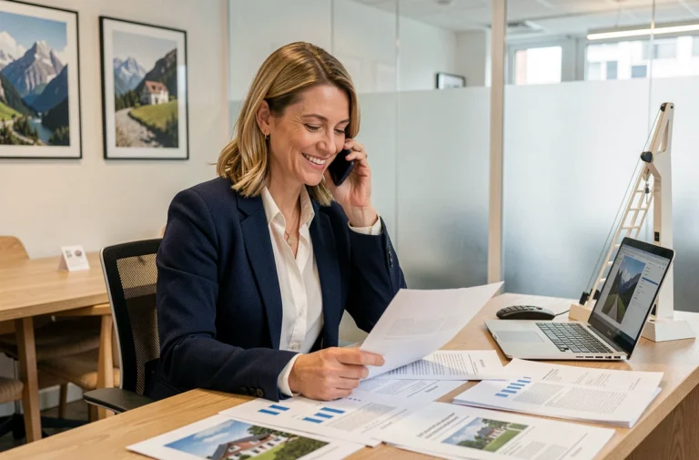 Agente immobilière en Isère au téléphone dans une agence moderne pour conseiller un client sur un projet immobilier