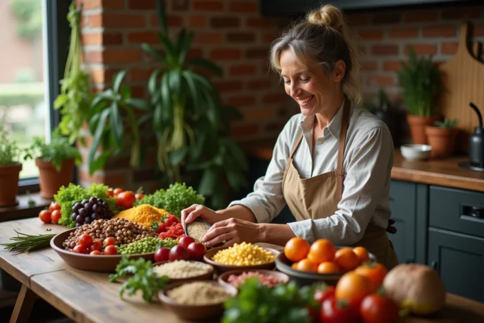 Femme souriante arrangeant un repas varié et coloré avec légumes, céréales et fruits dans une cuisine rustique
