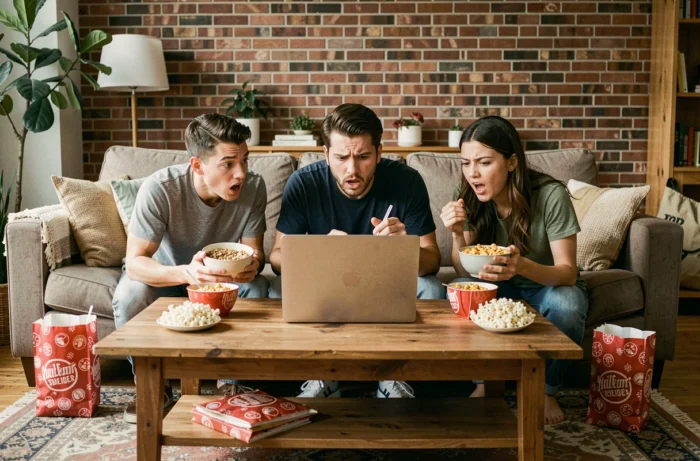 Groupe d'amis réunis pour regarder une série ensemble autour d'un ordinateur portable dans un appartement convivial