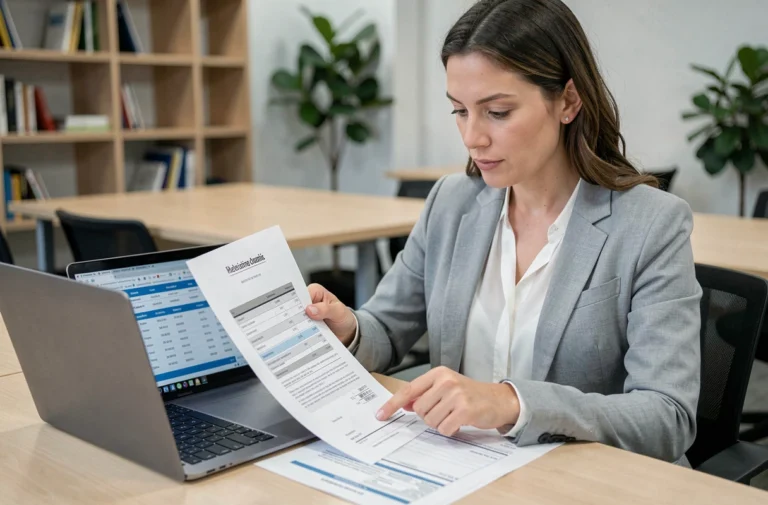 Femme professionnelle analysant une facture IA et des tarifs sur son bureau d'entreprise