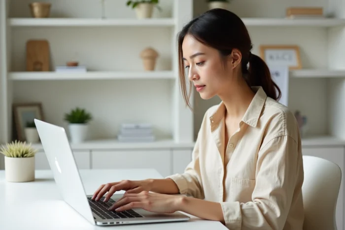 Jeune femme analysant les statistiques de son compte Instagram avec 100 000 abonnés sur un ordinateur portable dans un bureau minimaliste
