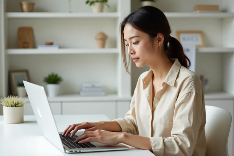 Jeune femme analysant les statistiques de son compte Instagram avec 100 000 abonnés sur un ordinateur portable dans un bureau minimaliste