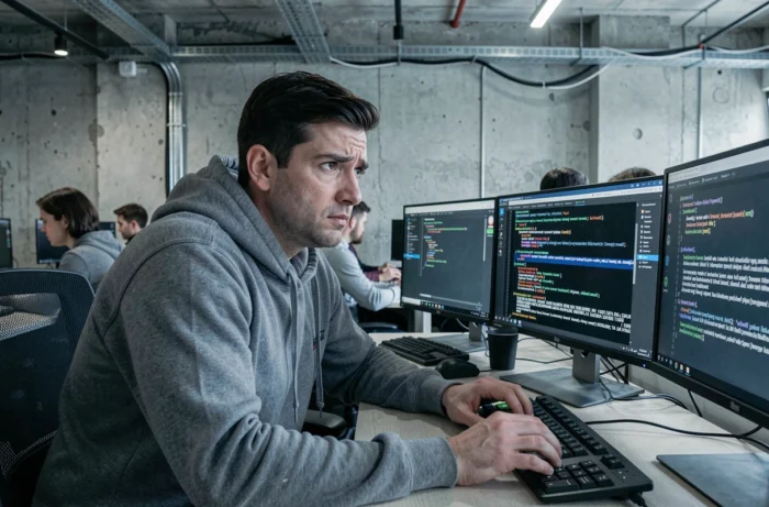 Analyste en cybersécurité devant plusieurs écrans affichant du code et des textes de loi sur la légalité des sites de fuites en France