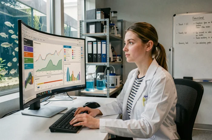 Femme analyste en pisciculture consultant des tableaux de bord numériques pour la gestion des stocks de poissons