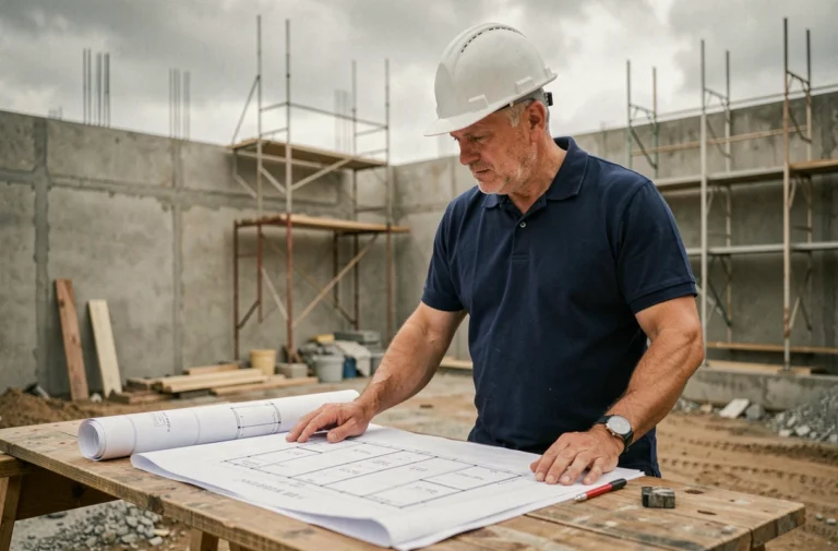Architecte sur un chantier de construction examinant des plans pour des travaux couverts par la garantie décennale