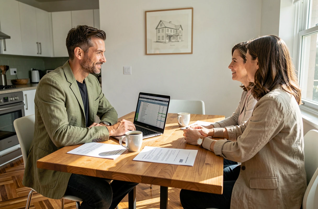Architecte en consultation avec des clients pour estimer le tarif d'un projet de rénovation à domicile