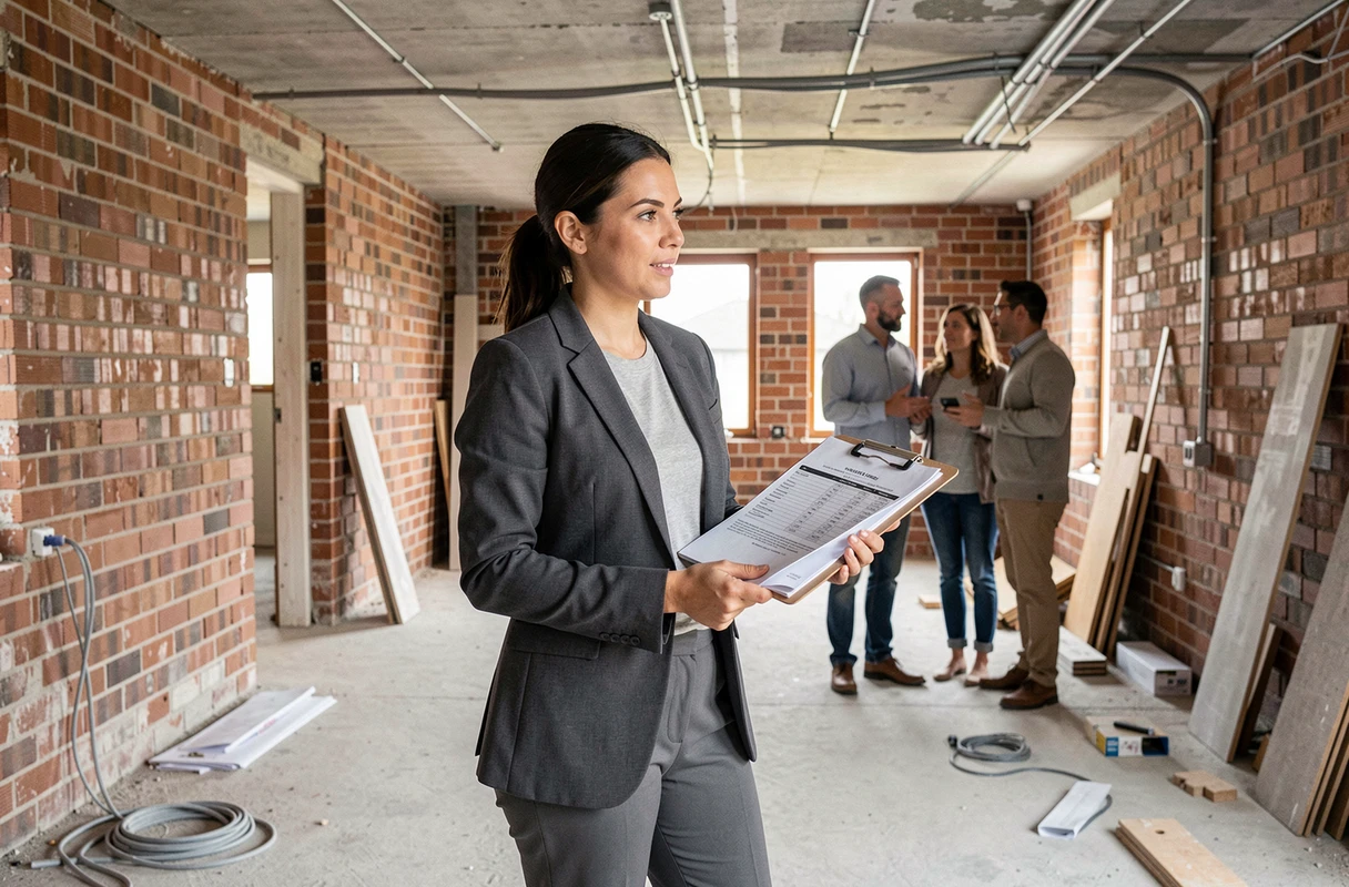 Architecte femme sur chantier de rénovation discutant des coûts et tarifs avec des propriétaires
