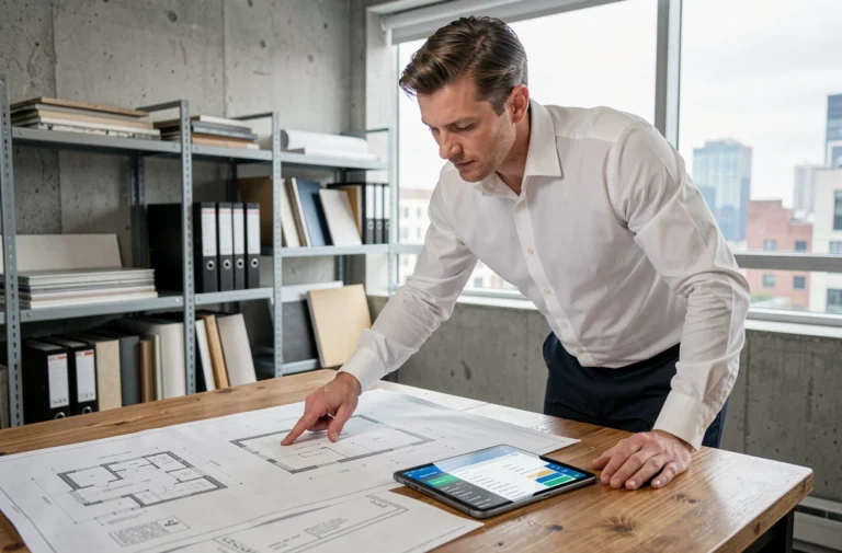 Architecte en rénovation estimant les tarifs de son projet sur des plans détaillés dans un studio moderne
