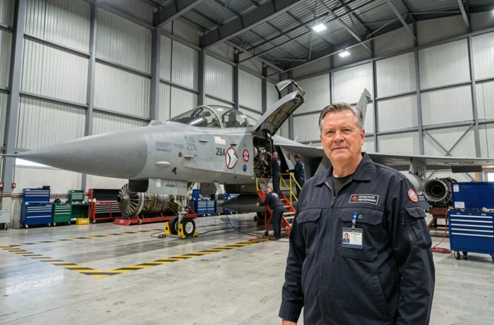 Ingénieur de défense devant un avion militaire dans un hangar de maintenance aérospatiale