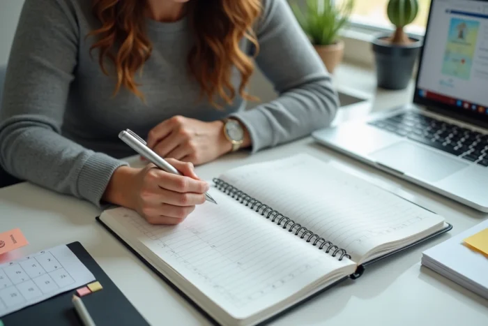 Femme examinant attentivement un carnet de suivi de ses habitudes de bien-être à un bureau minimaliste avec agenda et notes