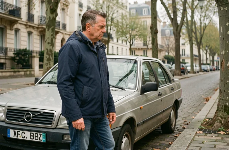 Automobiliste français devant sa voiture diesel dans une rue résidentielle, exprimant une inquiétude face à l'interdiction progressive des véhicules diesel en France