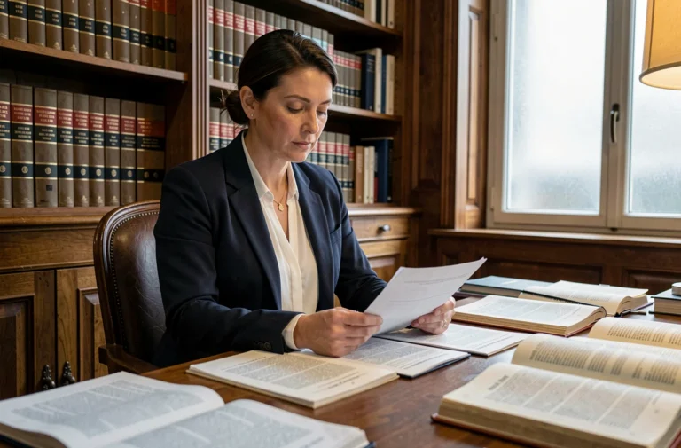 Avocate française examinant des documents juridiques dans un cabinet parisien pour comprendre la légalité d'un site de fuites de données