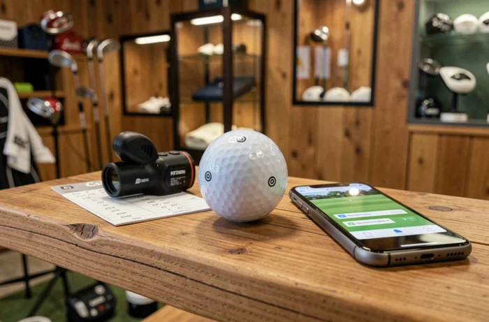 Balle de golf GPS posée sur une étagère en bois dans un pro shop entourée d'accessoires de golf connectés