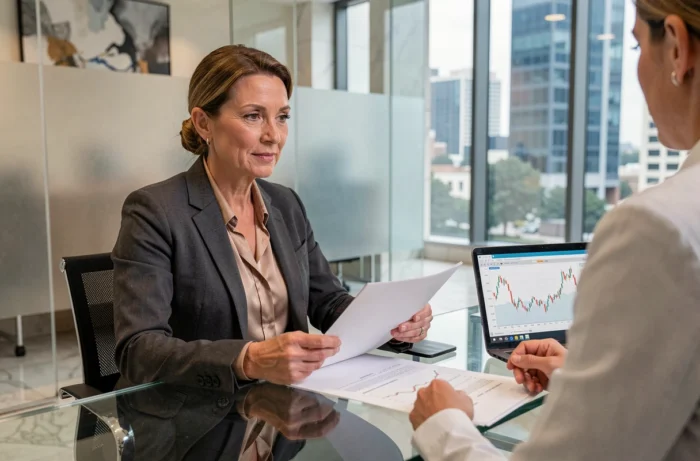 Conseillère bancaire en réunion avec un client dans une agence bancaire commerciale haut de gamme