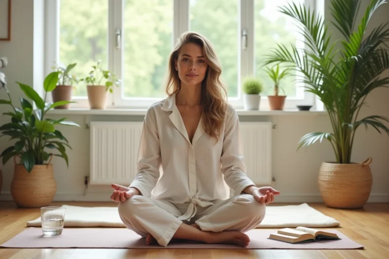 Femme en tenue décontractée assise sur un tapis de yoga entourée de plantes et d'accessoires de bien-être dans un salon lumineux