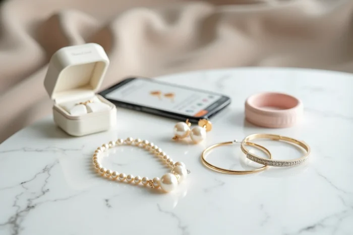 Bijoux fins disposés en flat lay sur marbre blanc avec boîte de bijouterie et smartphone affichant un site e-commerce de bijoux
