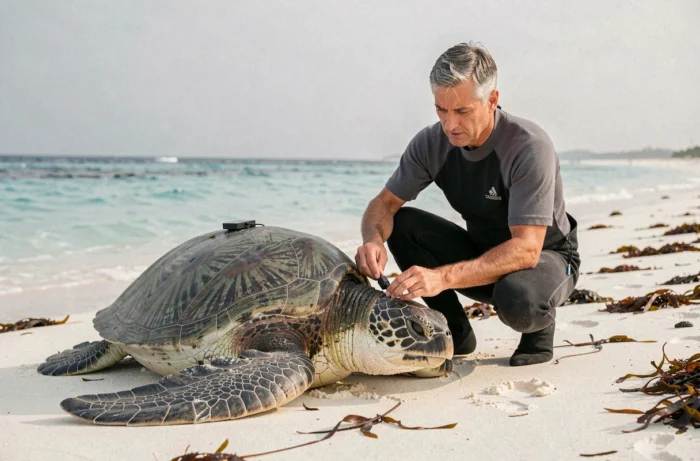 Biologiste marin posant un émetteur satellite sur une tortue de mer sur une plage tropicale