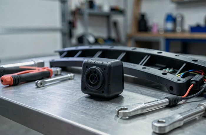Caméra de recul moderne pour VW T-Roc posée sur un établi d'atelier automobile avec connectiques visibles