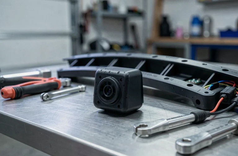 Caméra de recul moderne pour VW T-Roc posée sur un établi d'atelier automobile avec connectiques visibles