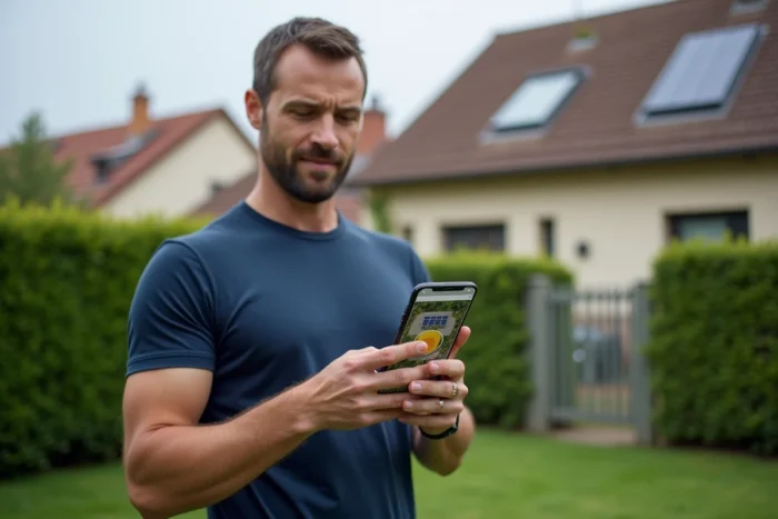 Homme consultant la carte solaire Google Maps dans son jardin avec sa maison en arrière-plan