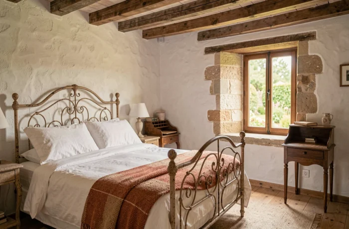 Chambre d'hôtes authentique avec poutres apparentes et lit en fer forgé au Moulin de Labique