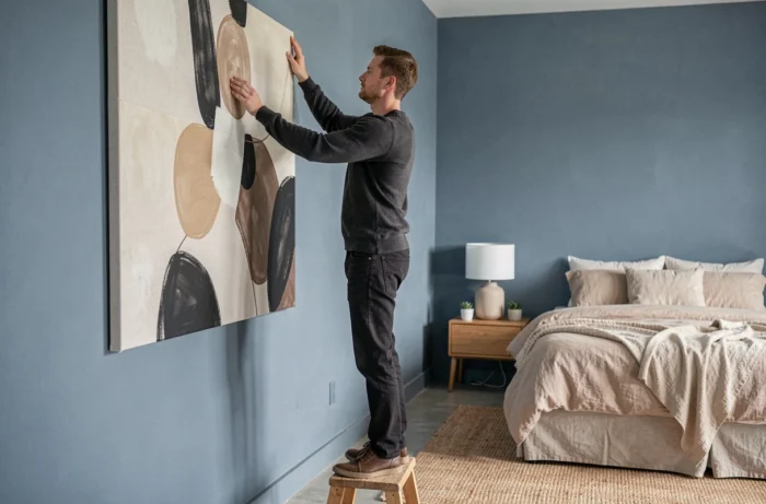 Homme accrochant un tableau abstrait sur un mur bleu poudre dans une chambre minimaliste aux textures naturelles et neutres