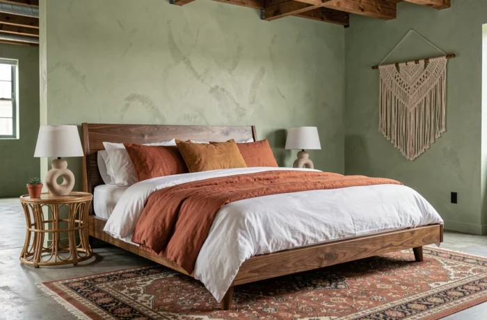 Chambre mid-century moderne avec literie en lin terracotta, murs vert sauge et tables de chevet en rotin, tendances déco chambre