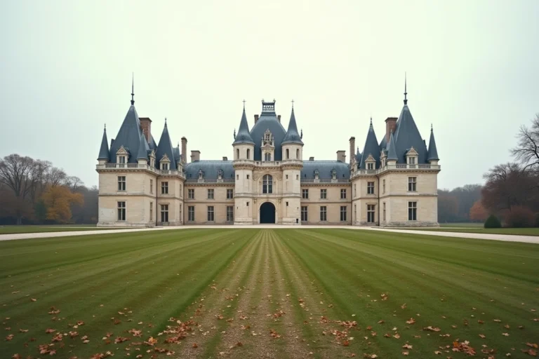 Vue panoramique du château de Chambord depuis les jardins formels en automne, façade Renaissance et toits caractéristiques