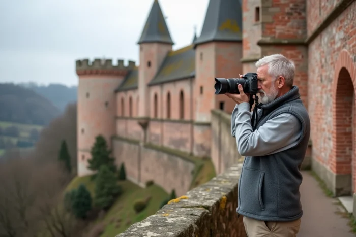 Visiteur photographiant les remparts en grès rose du Château de La Petite Pierre en Alsace