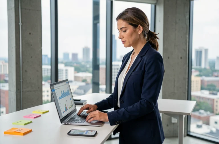 Femme cheffe d'entreprise analysant des données digitales sur ordinateur dans un bureau moderne avec vue sur la ville