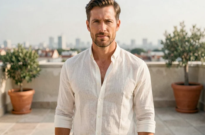 Homme portant la chemise convertible-collar en lin Zegna blanc cassé sur une terrasse urbaine