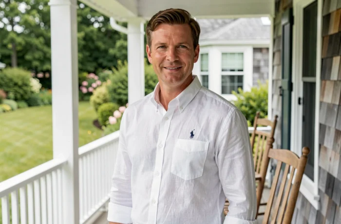 Homme portant la chemise Custom Fit en lin blanc Ralph Lauren sur une terrasse en bois de style Nouvelle-Angleterre