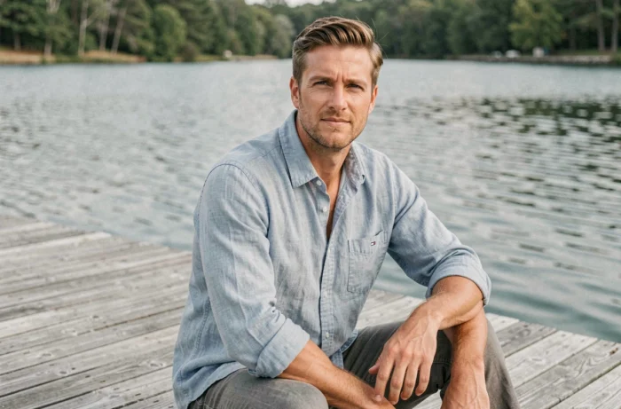 Homme en chemise en lin délavé Tommy Hilfiger bleu ciel assis sur un ponton en bois au bord d'un lac