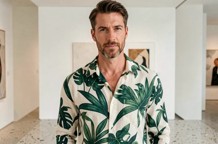 Homme vêtu de la chemise en lin mélangé à imprimé botanique Gucci vert émeraude dans un intérieur contemporain