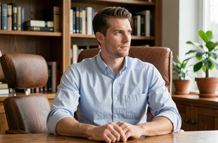 Homme portant une chemise oxford button-down en coton épais bleu pâle dans un bureau à domicile élégant