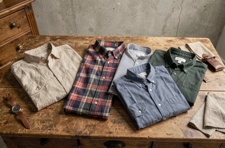 Sélection de chemises pour homme posées sur une table en chêne, illustrant les tendances de la saison