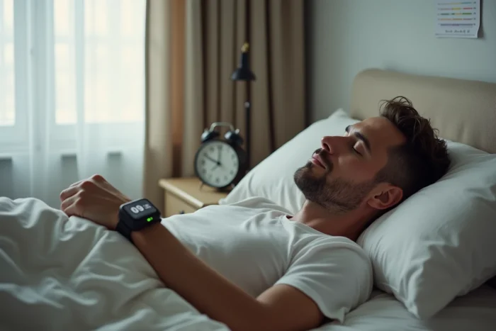 Homme endormi dans une chambre minimaliste avec un bracelet de suivi du sommeil et une horloge sur la table de nuit