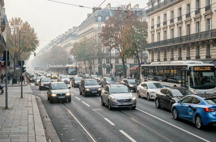 Rue animée de Lyon avec une circulation mixte de véhicules diesel et électriques, illustrant la transition énergétique automobile en France