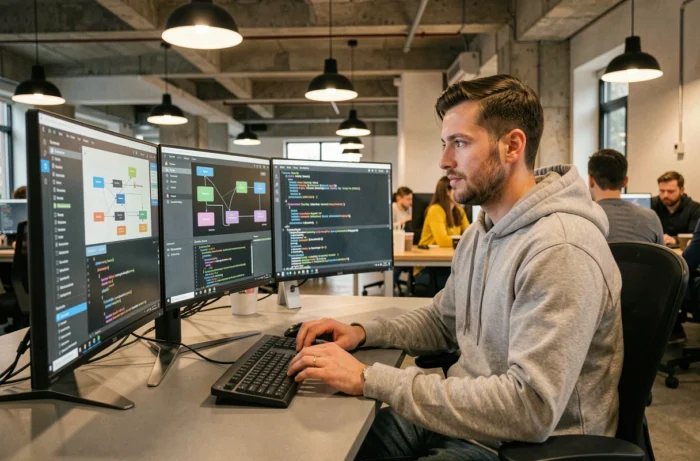 Développeur travaillant sur des infrastructures cloud et logicielles dans un bureau technologique moderne