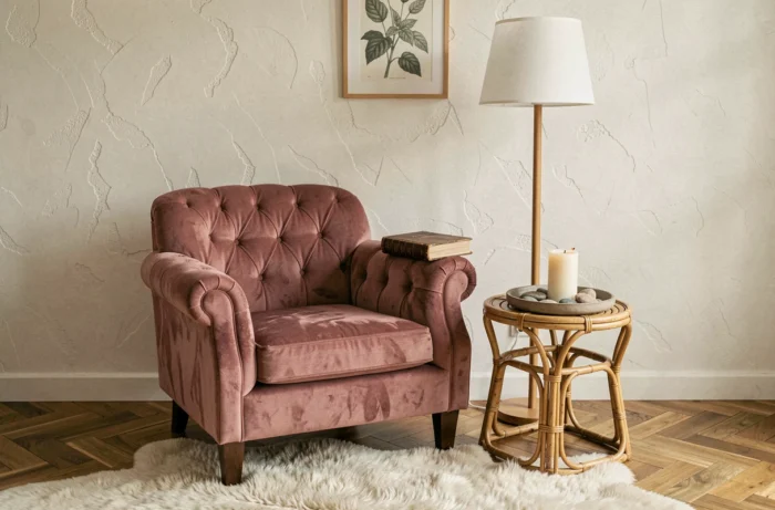 Coin lecture cosy avec fauteuil en velours rose poussiéreux, bougie, tapis en peau de mouton et parquet en chevrons dans une chambre douillette