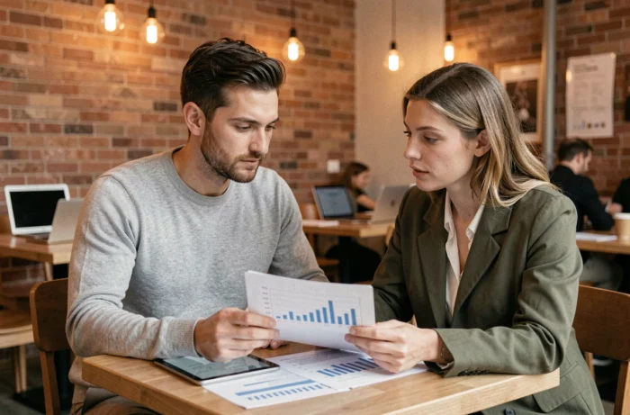 Deux collègues discutant de rapports financiers sur tablette dans un espace de coworking urbain