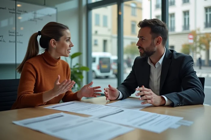 Deux professionnels discutant des numéros SIREN et SIRET sur des formulaires d'immatriculation en salle de réunion