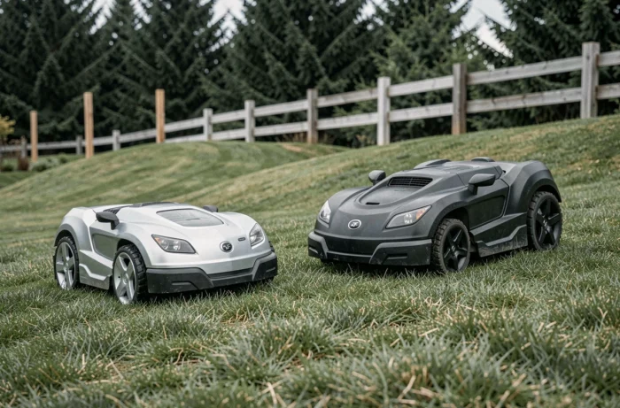 Comparaison de deux robots tondeuses sur une pelouse en pente dans un jardin test