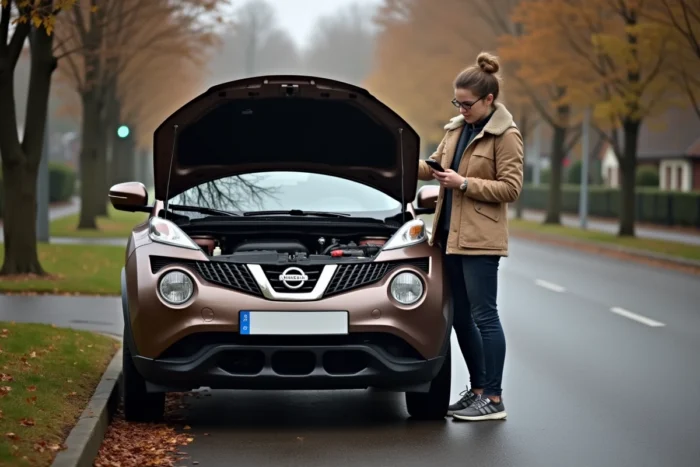 Conductrice inspectant le moteur d'une Nissan Juke en panne sur le bord de la route après allumage du voyant ESP